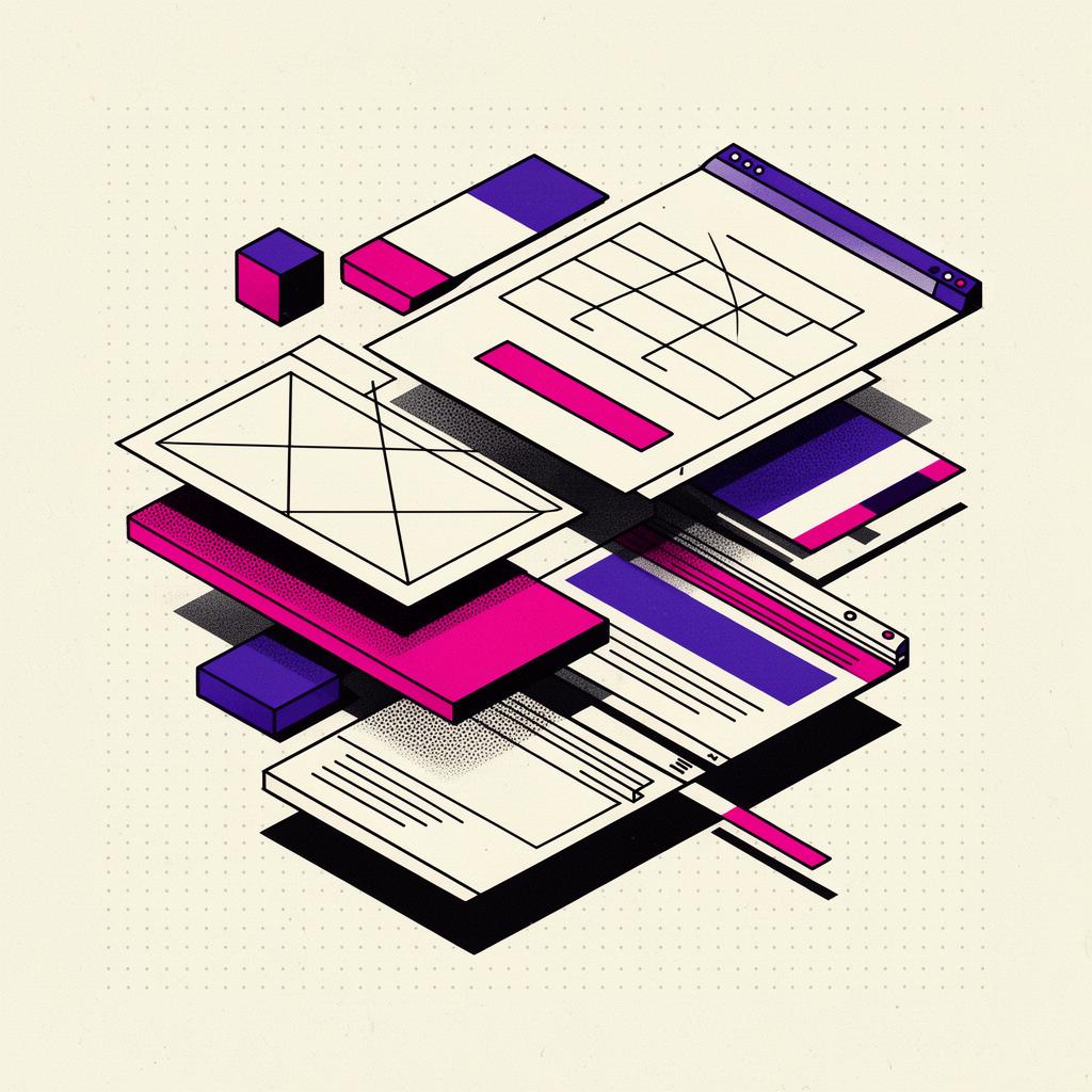 SEOmyVibe editor — modular layout blocks and browser windows stacked at angles